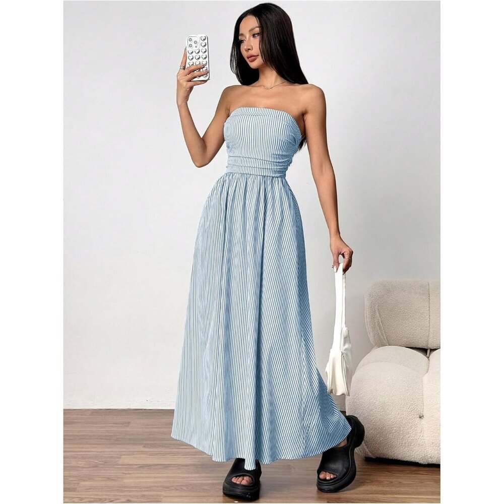 Women's Blue And White Strapless Maxi Dress Summer Tube Top Long With Pocket - Picture 3 of 5